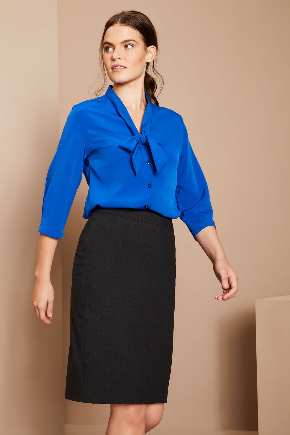 3/4 Tie Neck Button Through Blouse, Cobalt - Simon Jersey Company Uniforms