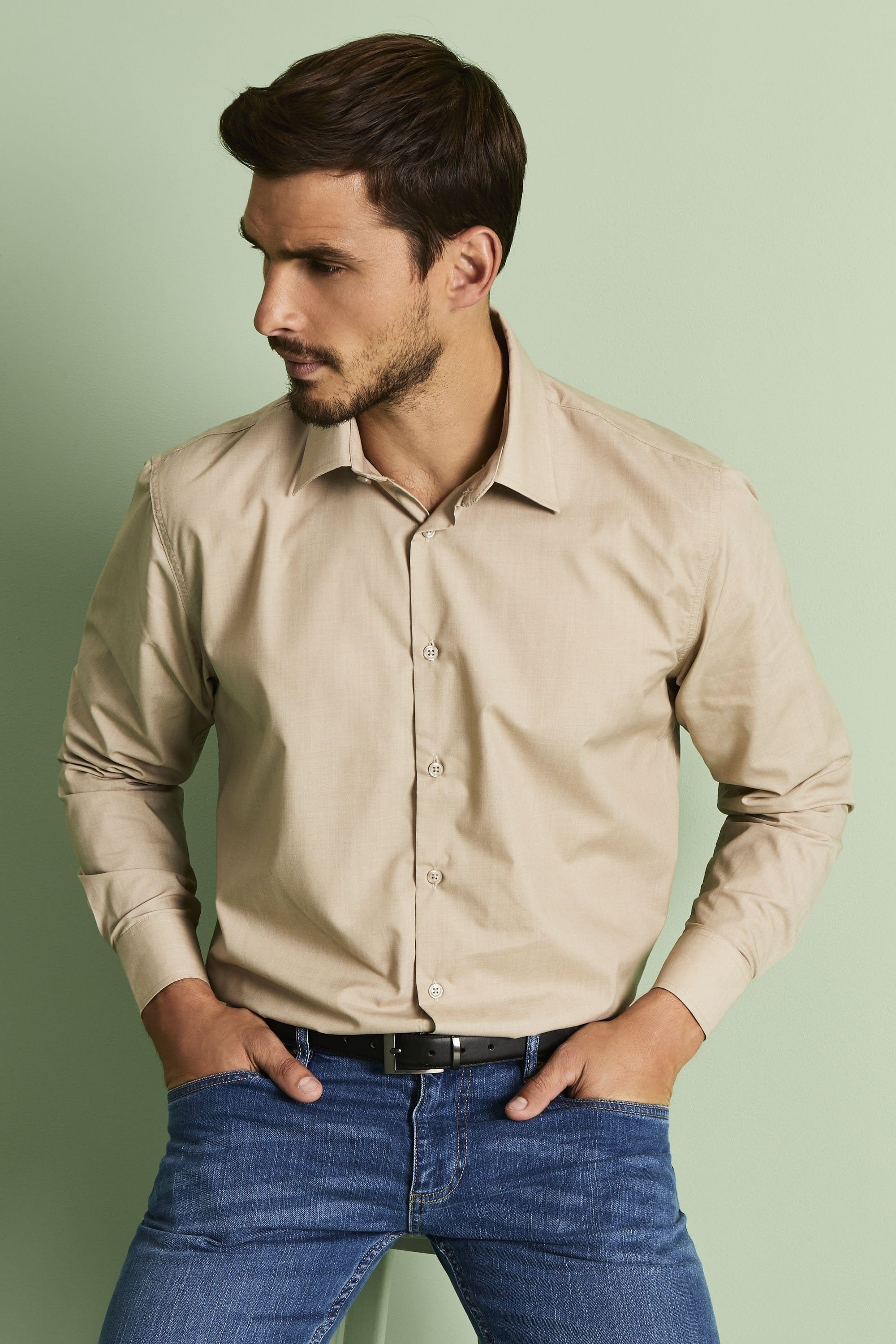 Classic Men's Long Sleeve Shirt, Beige