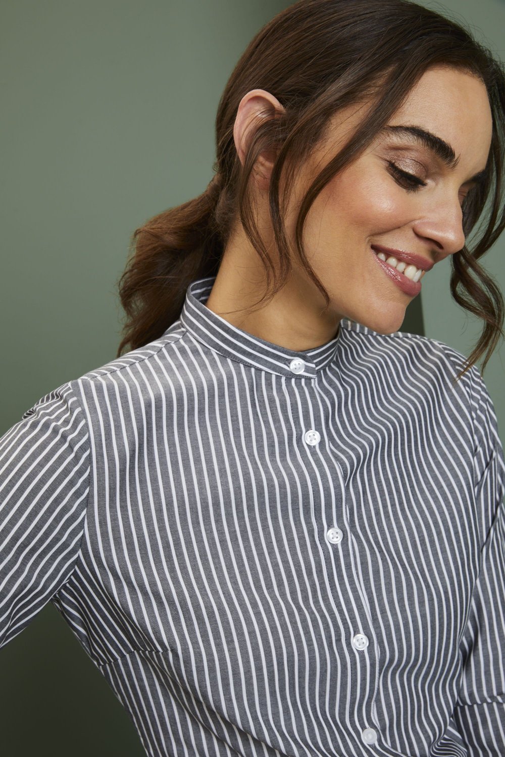 Classic Women's Long Sleeve Mandarin Collar Shirt, Black Stripe